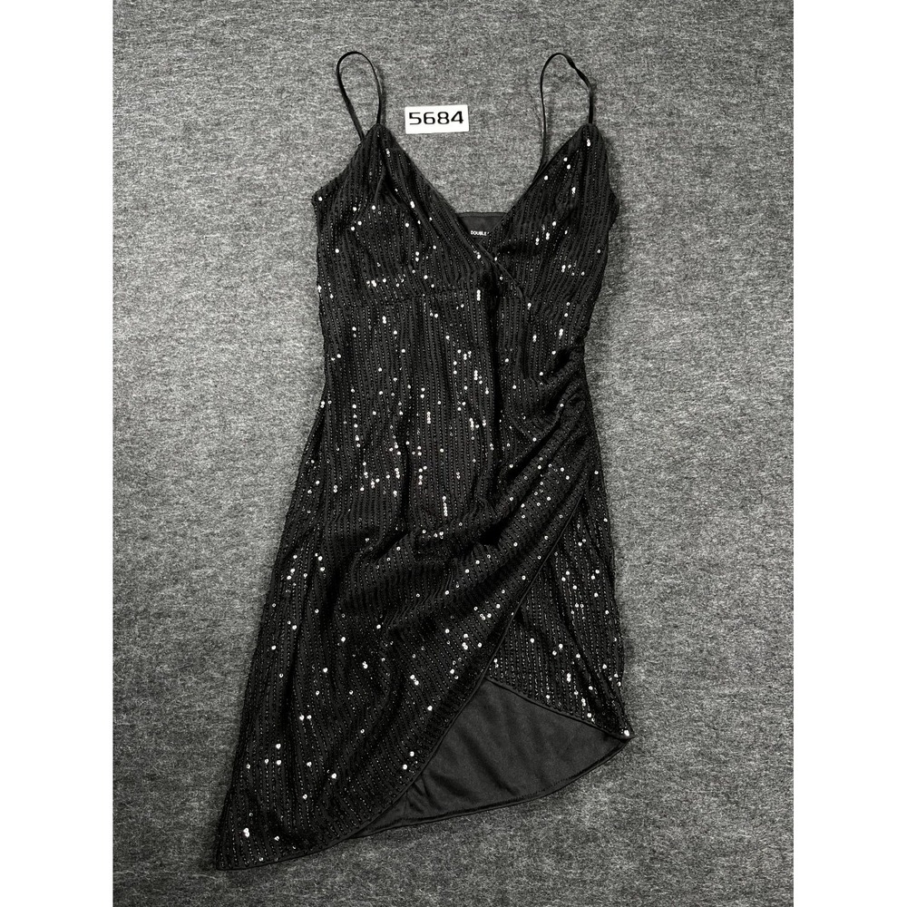 Double Crazy Mini Dress Women Medium Black Wrap Front Slit Cocktail Party Sequin